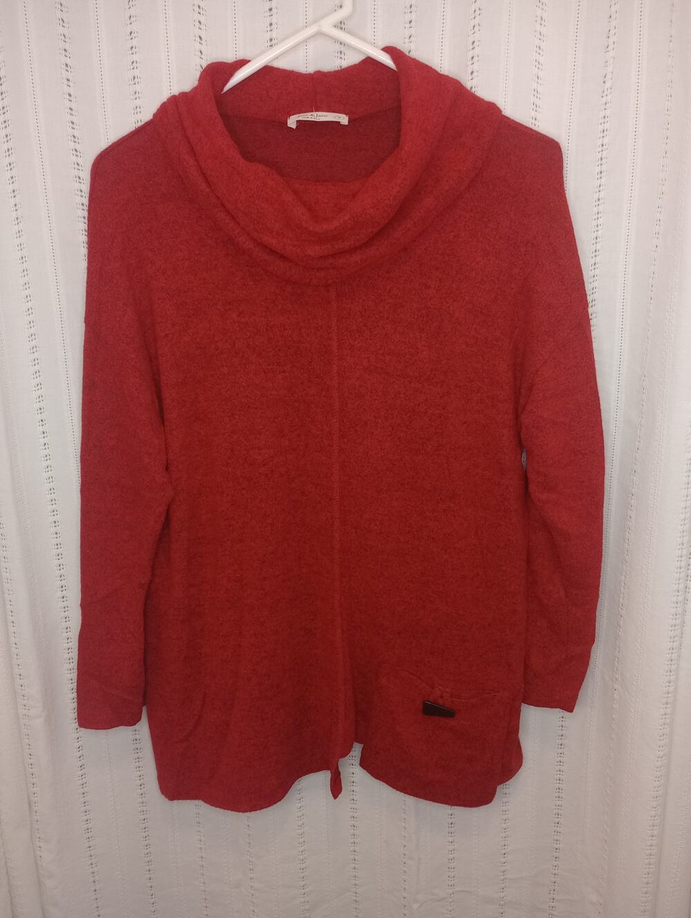 Jess & Jane Red Hacii Cowl Neck Tunic Sweater Brushed Knit Lagenlook Stretch